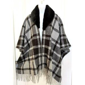 Wool Alpaca wrap cape poncho grey plaid
